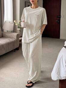 DAZY 2件套女士舒适柔软字母印花家居服套装睡衣 - 灰色 - 查看 7