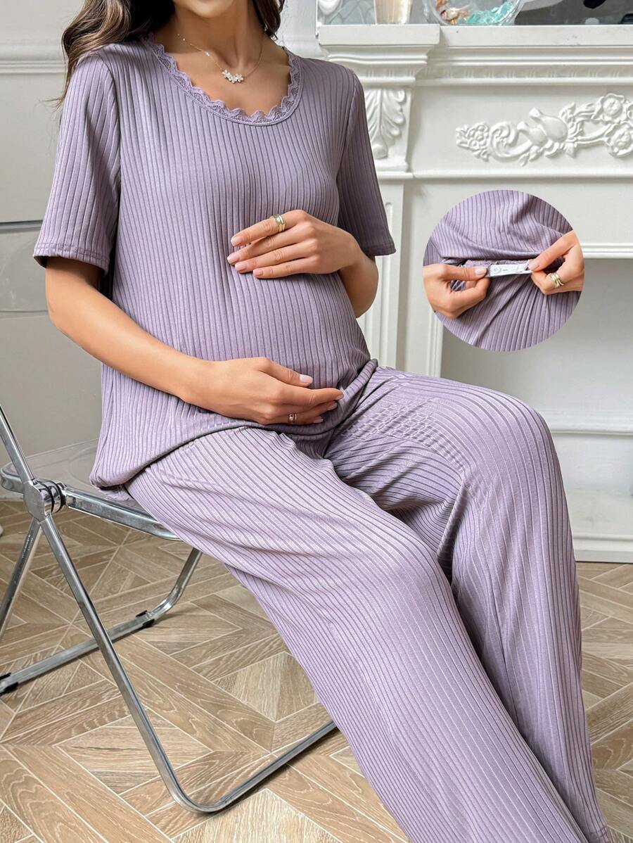 Moonlight&Mama Ribbed Contrast Lace Trim Soft Casual Maternity Outfit Set