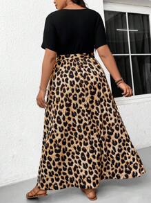 SHEIN Frenchy Plus Size Solid Color Leopard Patchwork Simple Daily Short Sleeve Dress For Women Fall Clothes - Multicolor - View 4