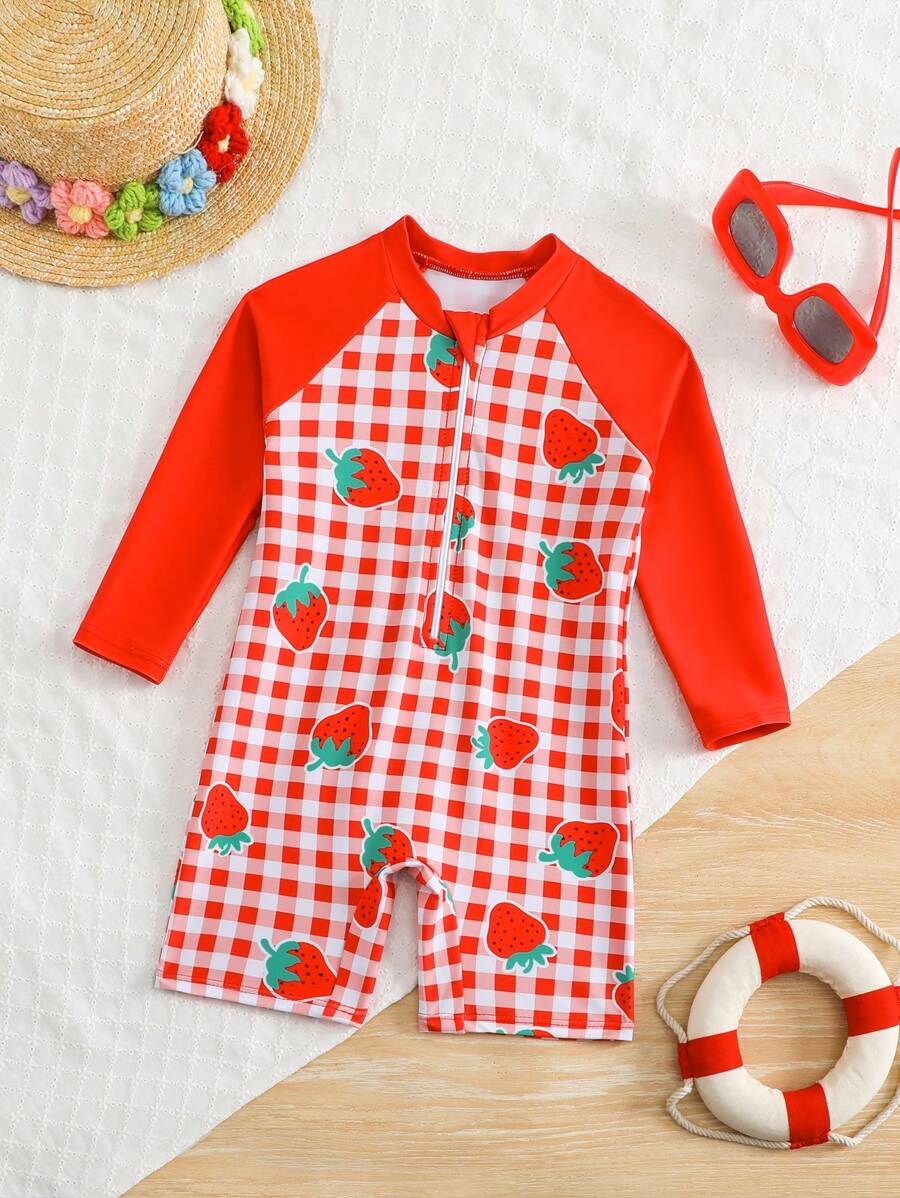 SHEIN 女婴沙滩格纹草莓印花连体泳衣
