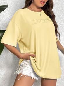 SHEIN EZwear T-shirt décontracté à encolure ronde, manches tombantes, avec broderie de lettres, pour femmes grandes tailles
