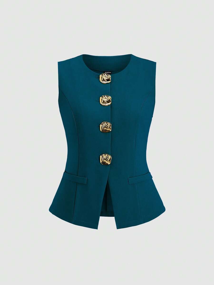 Sweetra 法式简约金属纽扣无袖女式薄款西装外套 - 水鴨藍 - 查看 1