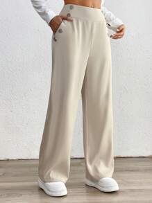 Chiquease Women's Solid Color Casual Straight Leg Pants With Pockets & Button Decor, Vacation Fall Cloth For Women - Khaki - View 5