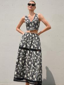 Aveloria Modichic Nuevo estilo elegante conjunto de top corto sin mangas escote en V y falda extra larga de moda francesa, diseño exquisito de contraste de color con bordado de flores 3D de encaje calado