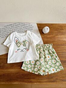 SHEIN LMoss Kids 2pcs/Set Toddler Girls Cute Summer Polka Dot Shorts And Cartoon Pattern Top Outfit - White - View 1