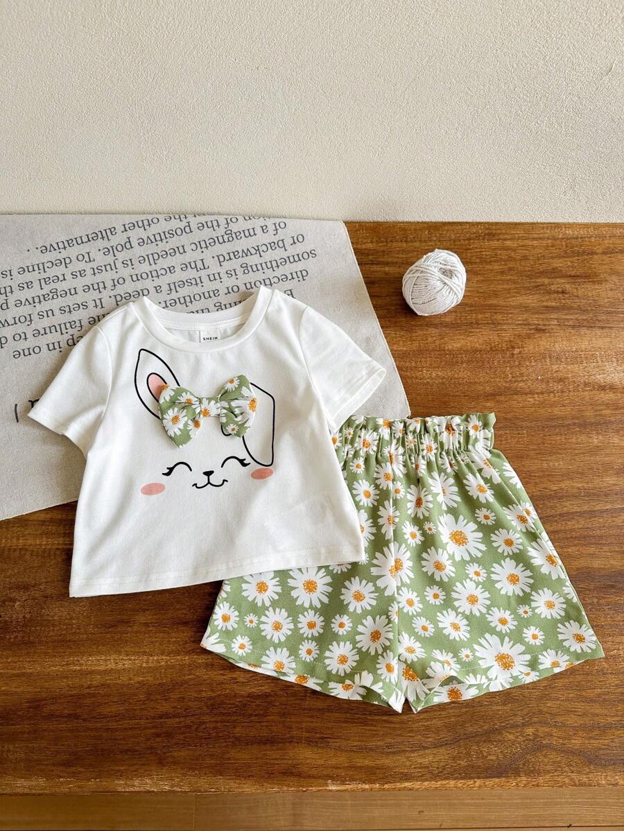 SHEIN LMoss Kids 2pcs/Set Toddler Girls Cute Summer Polka Dot Shorts And Cartoon Pattern Top Outfit - White - View 1