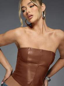 MISSGUIDED Parte superior con estructura de corsé de piel sintética sin tirantes, tipo bustier, para otoño e invierno, apropiada para fiestas, clubes y salidas nocturnas, con diseño de panel de tórax con ballenas