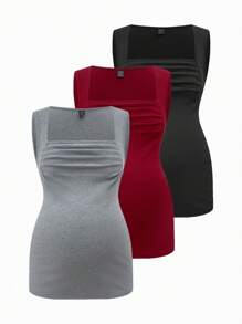 SHEIN Maternity Casual Knitted Ribbed Tank Top With Ruched Detail And Queen Anne Neckline For Everyday Comfort - Multicolor - View 1