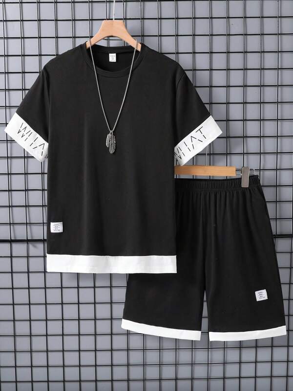 2pcs Set: Teenage Boys Casual Deep Blue Round Neck Short Sleeve T-Shirt With White Sleeve Cuffs & Letter Print, Paired With White Letter Patch Decorated Shorts, Summer Activewear
