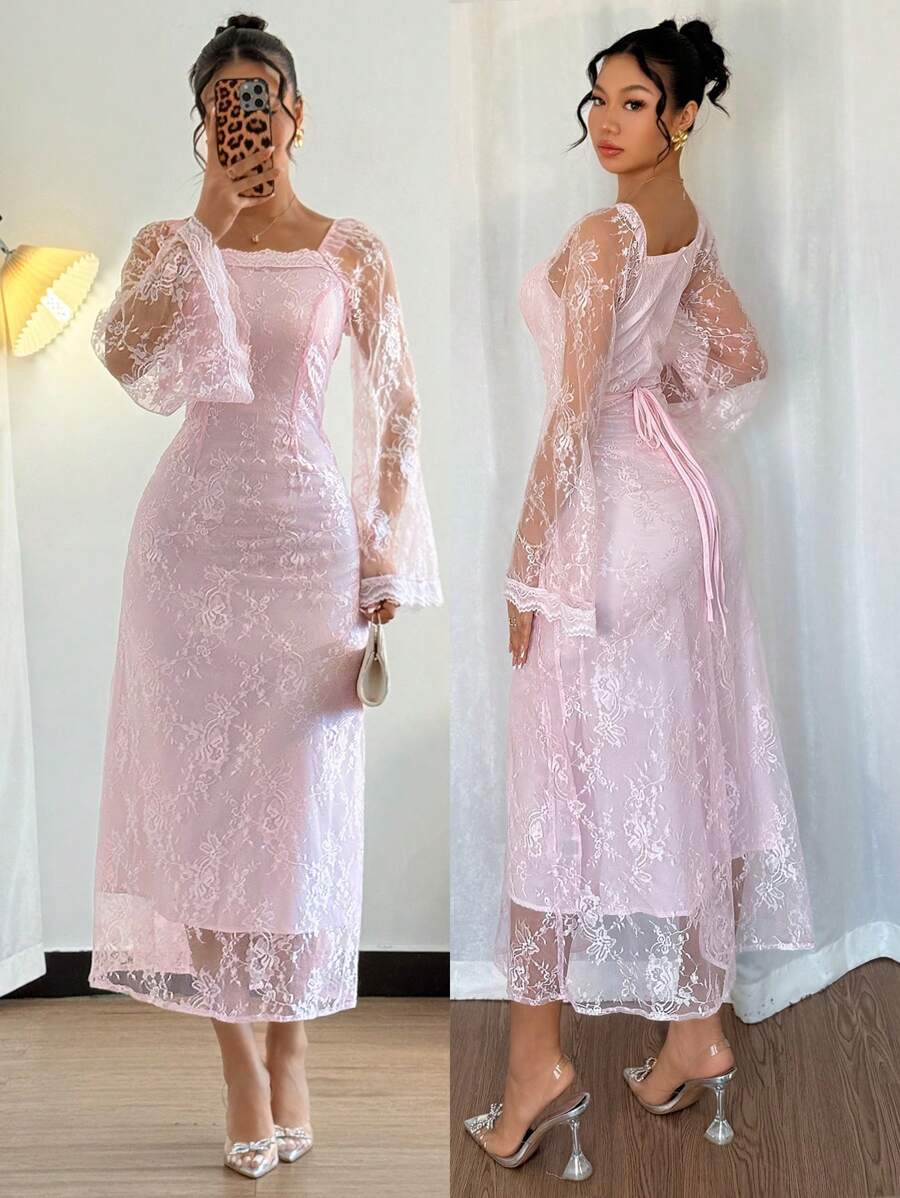 Chiquease Elegant Pink Lace Long Sleeve Lady Dress - Pink - View 1