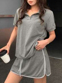 DAZY Conjunto deportivo casual de mujer con blusa tipo polo y falda-pantalón con ribete de contraste