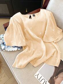 SHEIN LUNE 标准女士圆领奢华珍珠装饰短袖衬衫