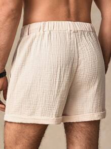 Manfinity BRENVOR Pantalones cortos informales para hombre con doble capa de tela arrugada, cintura con cordón y presillas para cinturón - Caqui - Ver 2