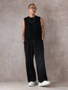 SUMWON Wide Leg Smart Trousers With Pleats, Professional Office Business Formal Pants, Classic Tailored High-Waist Work Wear, All-Season Dress Bottoms - Black - View 2