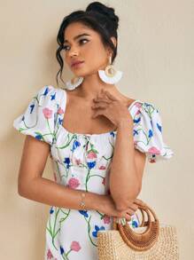 EBIB Gaun Midi Wanita Model A-Line Berkerut dengan Motif Bunga Musim Panas dan Leher Persegi, Lengan Bishop, Gaun Santai - MultiWarna - View 4