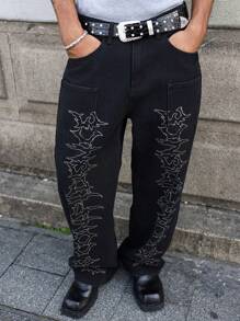 Manfinity EMRG Men's Black Washed Gothic Graffiti Print Loose Wide-Leg Jeans