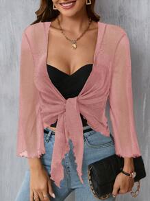 SHEIN Clasi 女士透明系带前开襟喇叭袖上衣 - 粉色 - 查看 3