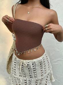 Sunnyshic Women's Hollow-Out Knit Asymmetrical Hem Shell Tassel Trim Casual Blouse - Coffee Brown - View 3