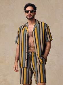 GENTILAND 2pcs Men Casual Striped Print Mandarin Collar Short Sleeve Shirt & Drawstring Waist Straight Leg Shorts Set - Multicolor - View 6