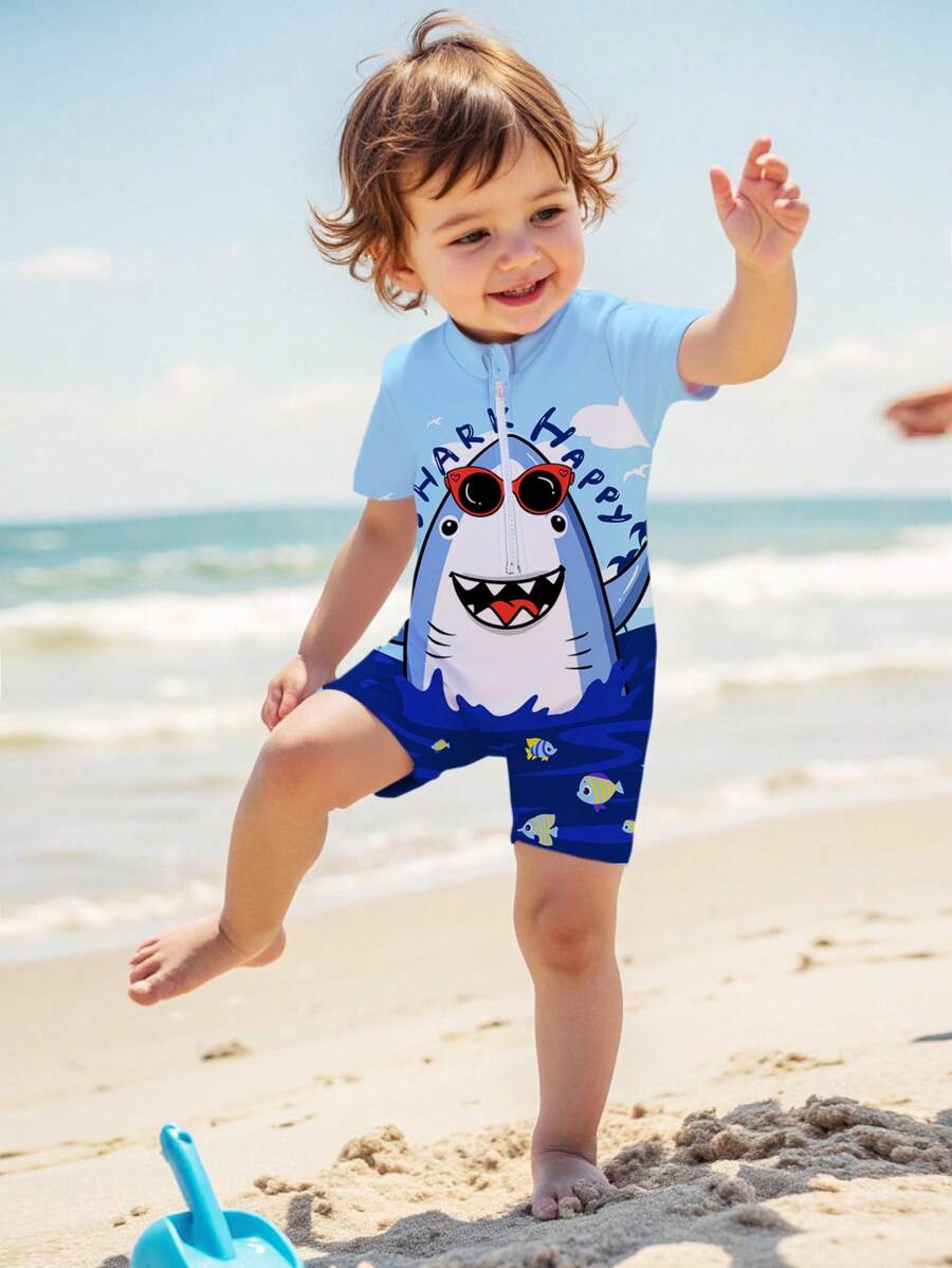 SHEIN Baby Boy Blue Shark Cartoon Pattern Casual Minimalist Round Neck Short Sleeve Swimsuit, Suitable For Summer
