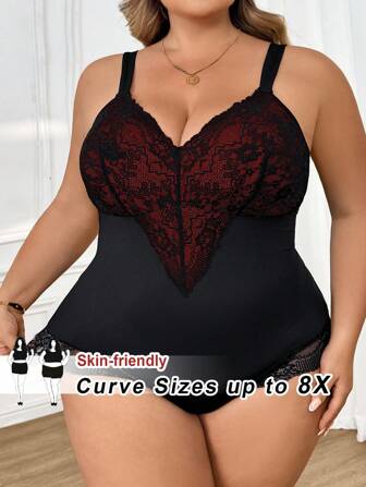 SHEIN CURVE+ Plus Size Kvinnor Kontrast Spets Sexig Body