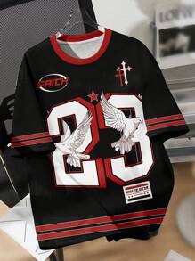 Muchica Casual Minimalist Letter & Number Graphic Round Neck Loose Short Sleeve T-Shirt For Women, Suitable For Summer, Sports - Multicolor - View 1