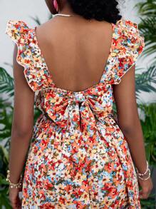 Teen Girls' Summer Casual Vacation Floral Print Ruffled Sleeve Dress - Orange - View 5