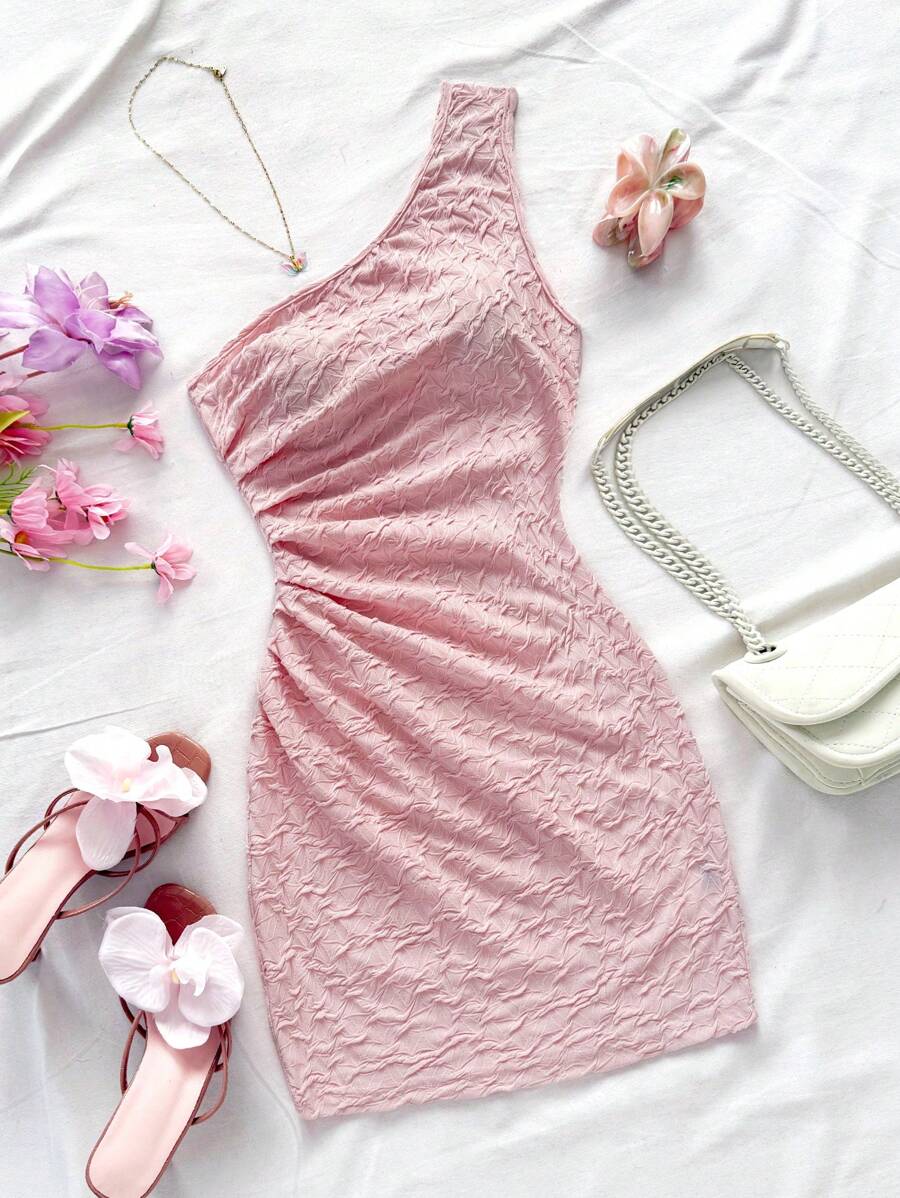 Soleia Robe moulante asymétrique aux épaules et à la taille cintrée pour femme, de couleur unie, convient pour la Saint-Valentin, le Nouvel An et les occasions de fête