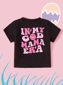 SHEIN Baby Girls Casual Cute Slogan Print Round Neck Short Sleeve Top, Soft & Comfortable Knit Fabric, Suitable For Daily Wear, Outdoor Activities And Mother's Day Photos, For 6M-3Y - Black - View 3