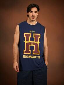 HARRY POTTER X SHEIN Plus Size Men's Casual Loose Knit College Style Letter & Golden Snitch Print Navy Tank Top, Spring/Summer
