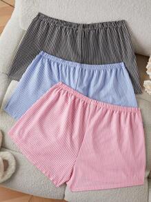 SHEIN 3-Pack Woven Simple Striped Yellow, Blue And Pink Shorts Set