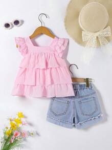 2pcs/Set Young Girl' Casual Lovely Embroidered Design Summer Set - Pink - View 2