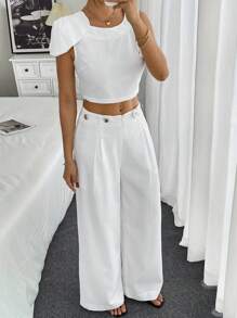 Rafferiza 女士优雅蝴蝶结装饰无袖上衣和阔腿裤两件套，夏季 - 白色 - 查看 5