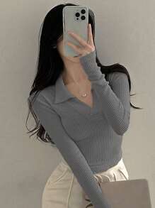 DAZY Women's Solid Color Long Sleeve Ribbed Casual Collar T-Shirt - Light Grey - View 2