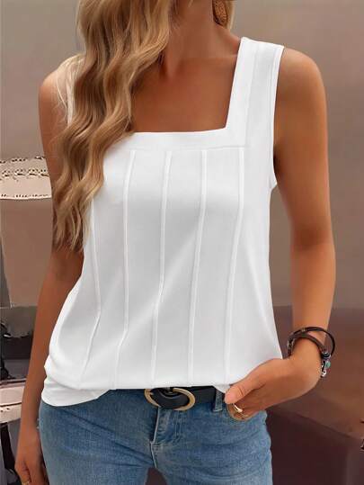 EMERY ROSE Summer New Sleeveless Open-Back Wide Strap Square Neck Discounted Loose Fit Slim Women Tank Top