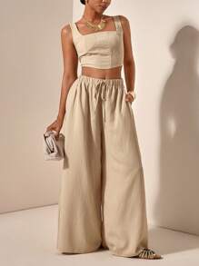 Veslaya Completo estivo 2 pezzi composto da top con laccetti a forma di lisca di pesce e pantaloni a gamba ampia con tasche, in tessuto strutturato, per donna con taglie forti