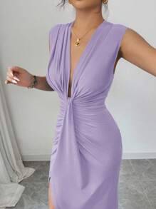 Rafferiza Elegant Sleeveless Blue Deep V-Neck Ruffle Hem Slit Dress For Women, Spring/Summer - Purple - View 3