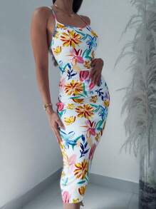 INAWLY 女士花卉印花紧身优雅吊带裙，度假风格 - 彩色 - 查看 3