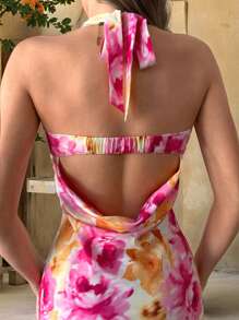 Firerie 新款优雅露背印花连衣裙，适合海滩度假装女士波西米亚风女装系带花卉度假装