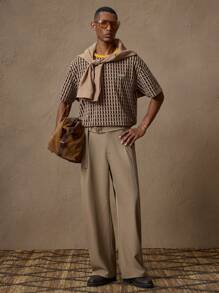 AKNOTIC X Nawaf Alabid Brown Geometric Jacquard Contrast Color Crew Neck Casual Loose Fit Short Sleeve T-Shirt, Suitable For Summer, Vacation, Daily Wear, Party, Couple Matching, Men's Gift, Boxy Fit - Multicolor - View 2