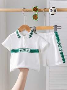 SHEIN Bộ 2 món/Bộ quần áo thun polo dệt kim rộng rãi, phong cách thể thao thường ngày cho bé trai và bé gái, phù hợp cho mùa xuân và mùa hè, đồ mặc ở nhà và đồ mặc ngoài - trắng - Xem 4