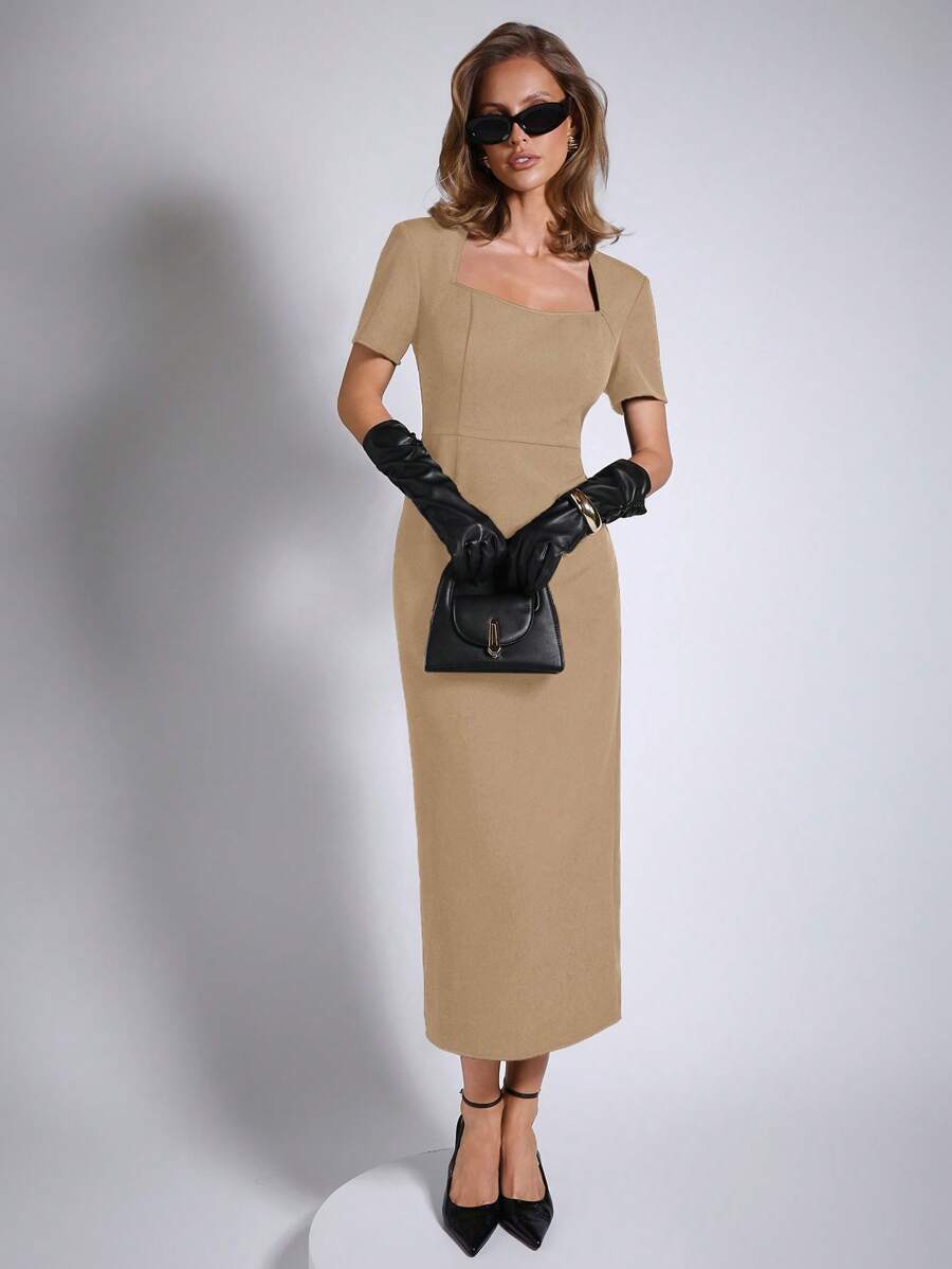 COSMINA 女士优雅派对/工作红色连衣裙，春夏 - 棕色 - 查看 1