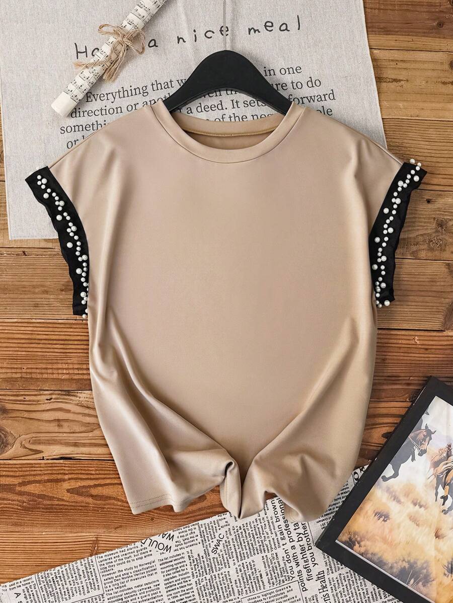 SHEIN LUNE Women's Elegant Pearl Decor Cuff T-Shirt, Summer - Khaki - View 1