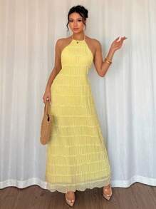 Chiquease Robe jaune sans dos à col ras-du-cou unie décontractée pour vacances pour femmes