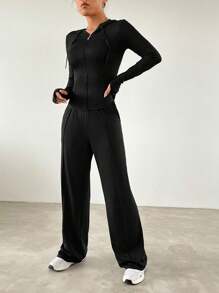 SHEIN EZwear طقم قميص وسروال بغطاء للرأس برباط وسحاب للسيدات