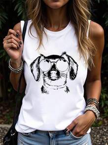 EMERY ROSE Versatile Casual Minimalist Loose Fit Sleeveless Funny Animal Print Women Tank Top, Suitable For Summer - White - View 1