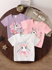 SHEIN Playful Pals Baby Girl Rabbit Printed Short Sleeve Casual Top, Spring/Summer - Multicolor - View 4