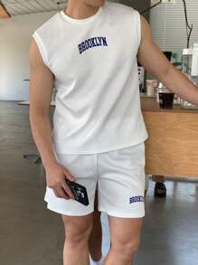 SHEIN Leap Crew 2pcs/Set Teen Boys Casual Wide Strap Tank Top And Shorts Set, Street/Punk/Rock/College Style For Daily Wear, Party, Music Festival. Suitable For Spring/Summer - White - View 6