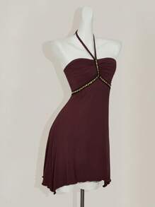 SHEIN ICON 修身挂脖不对称下摆链条装饰连衣裙 - 棕色 - 查看 6