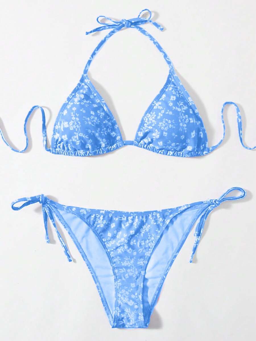 Swim Mod Ditsy Floral Random Graphic Bikini Swimsuit, Beach & Vacation For Summer - Blue and White - View 1
